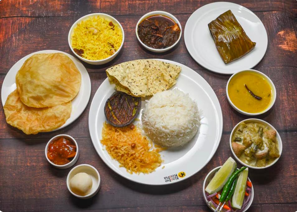 Koshe Kasha Mahabhoj Bhetki Paturi & Mutton Thali